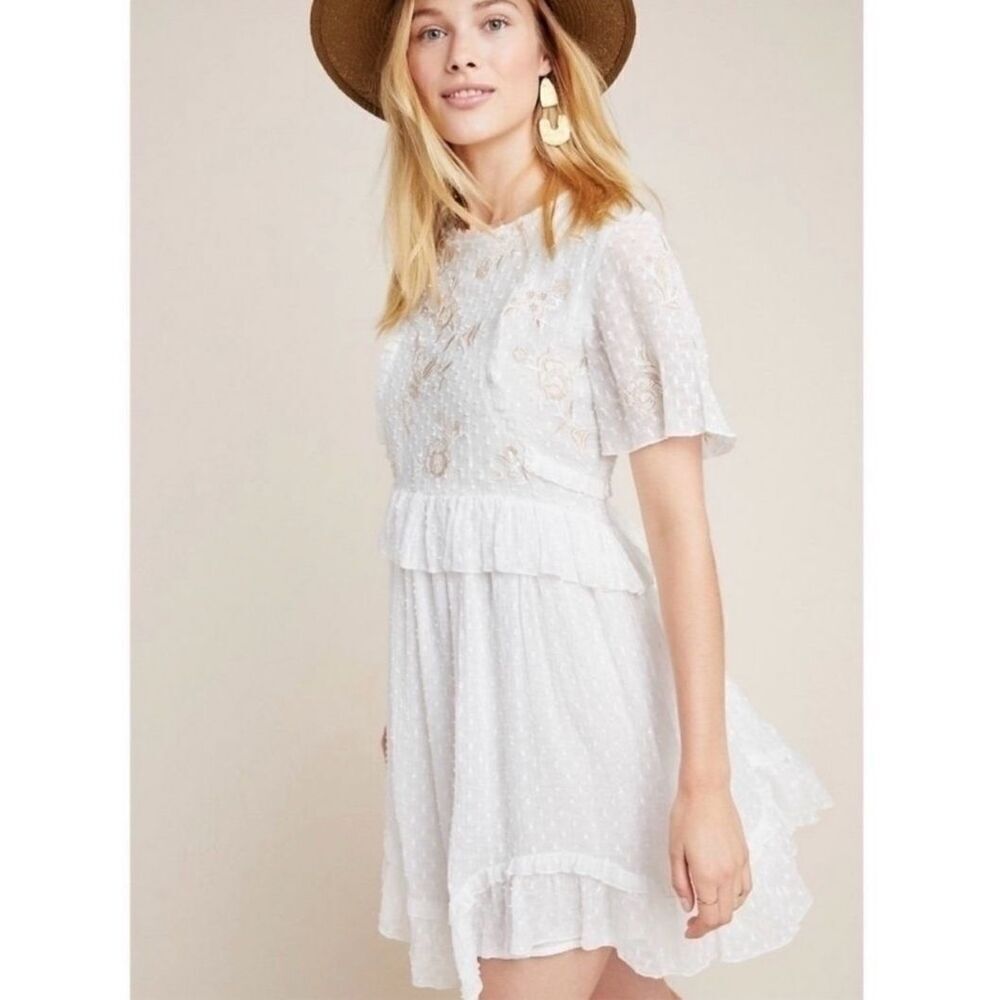 Anthropologie Ranna Gill Basilia Embroidered Mini Dress Babydoll Swing Boho XS